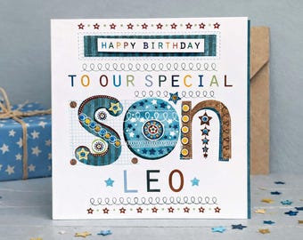 Personalised Son Birthday Card – Colourful Handmade Card for Boys – Custom Name