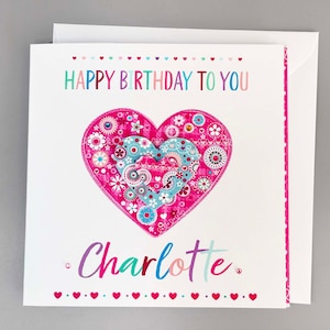 Personalisierte Geburtstagskarte für Mädchen | Handmade Herz Design | Benutzerdefinierter Name und Nachricht | Hübsches Geburtstagsgeschenk | Vicky Jones Design