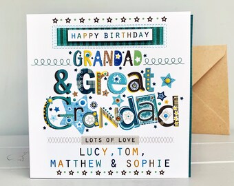 Personalised Grandad & Great Grandad Birthday Card – Custom Name Glitter Gem Design – Handmade