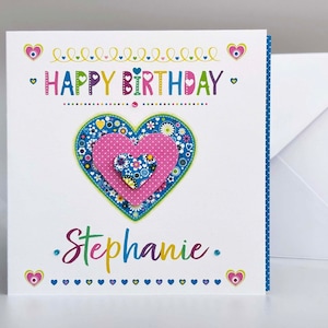 Carte d'anniversaire personnalisée pour elle | Carte faite main pour fille | Jolie colorée | Nom et message personnalisés | Vicky Jones Design