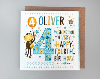 Carte personnalisée joyeux 4e anniversaire garçon, quatrième anniversaire de garçon, carte pour enfant de 4 ans