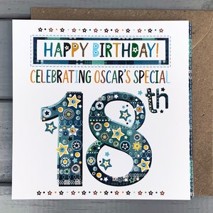 18e verjaardagskaart gepersonaliseerd voor hem om een heel speciale gelukkige 18e verjaardag te wensen, handgemaakte en op maat gemaakte kaart.