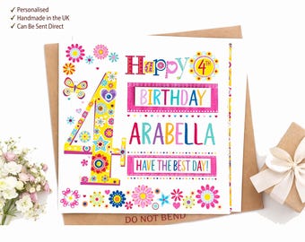 Personalised 4th Birthday Card Girl, Colourful Age 4 Card, Custom Name Fourth Birthday Card, Daughter Granddaughter Niece Birthday Card