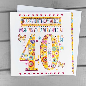 40.Geburtstagskarte für Sie – Personalisierte handgemachte Karte mit Verzierungen – individuelles Geschenk quadratisch 15 cm – Vicky Jones Design DE