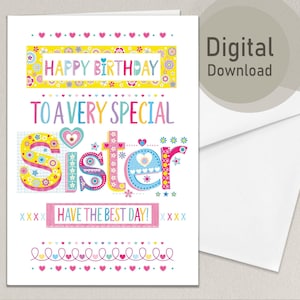 Tarjeta de cumpleaños imprimible para hermana: descarga digital colorida, divertida tarjeta de feliz cumpleaños para hermana, descarga instantánea, tamaños A4 y carta de EE. UU.