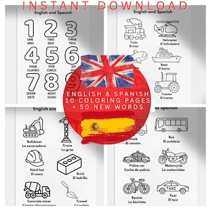 Printable coloring sheets for kids in English and Spanish 10 pages more than 50 words