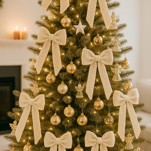 May include: A decorated Christmas tree adorned with cream bows, gold baubles, a white star, and angel decorations. The tree is illuminated with warm white lights, creating a festive holiday display.