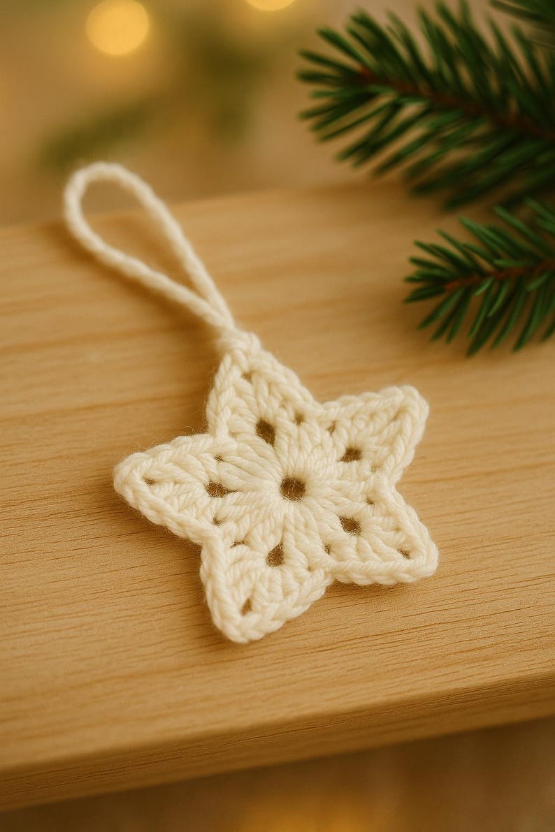 May include: Cream-colored, crocheted star ornament with a loop for hanging. The star has a five-point design with openwork details. The ornament is displayed on a wooden surface, with a sprig of evergreen in the background. A festive, handmade item.