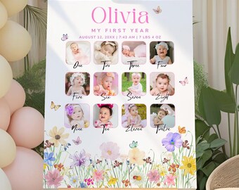 Floral Butterfly Baby Monthly Milestone Poster Template Printable First Year Poster Editable Baby Milestone Birthday Sign Photo Collage