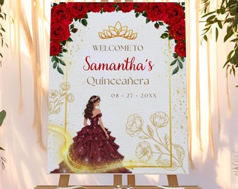 Plantilla de letrero de bienvenida para quinceañera con rosa roja, decoración editable para fiesta de princesa en rojo y dorado, elegante letrero de entrada para quinceañera, descarga instantánea.