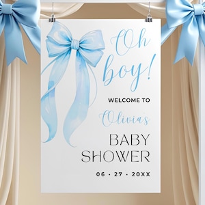 Blue Bow Baby Shower Welcome Sign Template Editable Blue Bow Welcome Sign Printable Blue Coquette Baby Boy Shower Entrance Sign Poster Decor