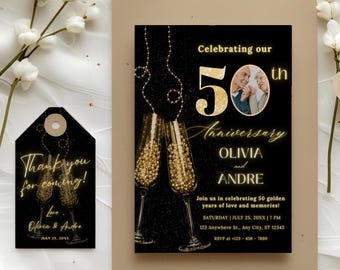 May include: A black and gold 50th anniversary invitation with champagne flutes and the names Olivia and Andre. A matching tag reads "Thank you for coming!" with the same names. The invitation includes event details.