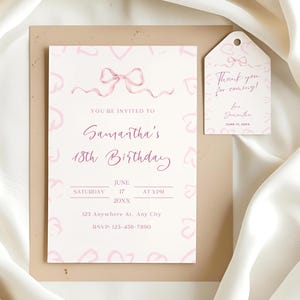 Invitation de fête d'anniversaire noeud rose, faire-part 18e anniversaire modifiable pour les filles modèle d'anniversaire noeud rose coquette thème ruban rose tout âge