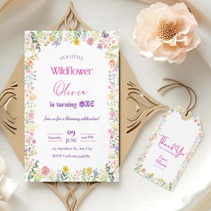 Invito di compleanno per bambina con fiori di campo, invito per festa in giardino floreale, modello modificabile Canva, floreale, primaverile, compleanno, tag di ringraziamento gratuito