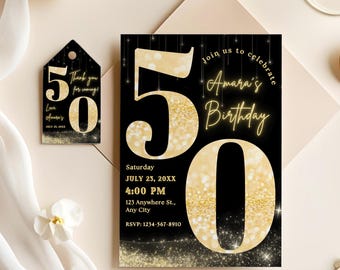 Black Gold 50th Birthday Invitation Template Editable 50th Birthday Party Invite Glam Dinner Invite for Women or Men Canva Digital Download