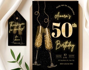 Black and Gold Birthday Invitation, Editable 50th Birthday Invite Gold Black Party Template Champagne Adult Birthday Invite Printable