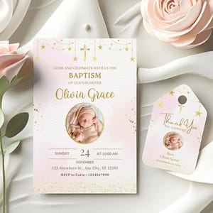 Invito per battesimo bambina in oro rosa, modello modificabile per battesimo, dedica per bambino, invito Canva, invito rosa acquerello digitale + etichetta di ringraziamento