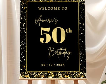 Black and Gold Birthday Welcome Sign Template, Editable Birthday Welcome Sign, Elegant Printable Party Poster, Black Gold Welcome Poster
