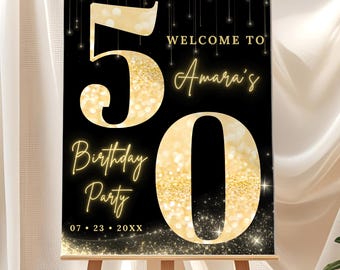 Elegant Black Gold 50th Birthday Welcome Sign Template Editable Birthday Welcome Sign Birthday Party Sign Black and Gold Welcome Poster Sign