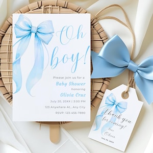 Boy Baby Shower Invitation Template Editable Blue Coquette Baby Shower Invite Oh Boy Invite Blue Bow Shower Card for Baby Boy Celebration