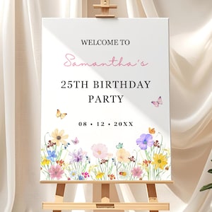 Floral Birthday Welcome Sign Template Editable Garden Party Poster Spring Birthday Welcome Board for Her Printable Wildflower Welcome Sign