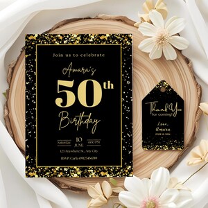 Black and Gold 50th Birthday Invitation Template, Editable sparkling 50 birthday invite, Canva Printable, Elegant 50th Digital Birthday