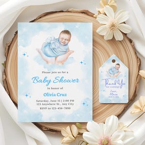Boy Baby Shower Invitation, Editable Blue Coquette Baby Shower Invite Blue Bow Baby Shower Template Instant Download Free Thank you Tag