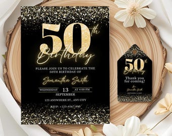 Elegant Black Gold 50th Birthday Invitation Template, Digital 50th Birthday Invite, Black and Gold Glitter Birthday Adult Party Invite Canva