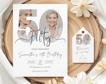 50th Birthday Invitation Template with Photo Elegant Adult Birthday Party Invite Editable Canva Digital Download Minimalist Birthday Invite