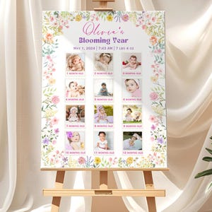 Póster floral de hitos mensuales para bebés, plantilla de hito de primer cumpleaños con flores silvestres, letrero de foto editable para el primer cumpleaños, collage de fotos del primer año
