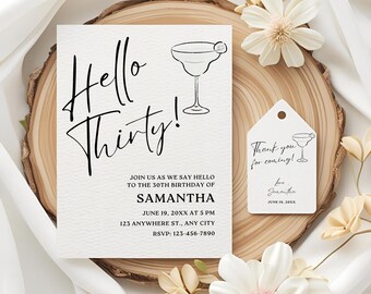 Minimalist Birthday Invitation, Hello Thirty Invite Editable Cocktail Party Invite 30th Digital Invite Birthday Party Instant Download Canva