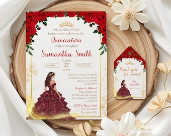 May include: Quinceañera invitation and thank you tag featuring a young woman in a burgundy gown. The invitation is framed with red roses and gold accents. The tag reads "Thank you for coming!"
