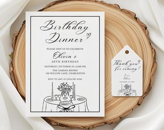 Uitnodiging voor een verjaardagsdiner, bewerkbare digitale uitnodiging voor een 30e verjaardag, sjabloon voor een dineruitnodiging, minimalistische verjaardagsuitnodiging voor een feest voor volwassenen van elke leeftijd