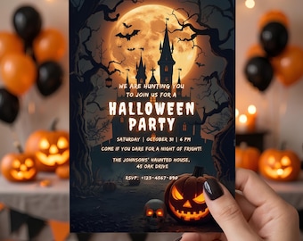 May include: A rectangular Halloween party invitation card featuring a dark, spooky castle silhouette against a large, glowing full moon. The text reads: WE ARE HUNTING YOU TO JOIN US FOR A HALLOWEEN PARTY, SATURDAY | OCTOBER 31 | 6 PM, COME IF YOU DARE FOR A NIGHT OF FRIGHT!, THE JOHNSONS' HAUNTED HOUSE, 45 OAK DRIVE, RSVP: +123-4567-890. A carved jack-o'-lantern and a skull are at the bottom.