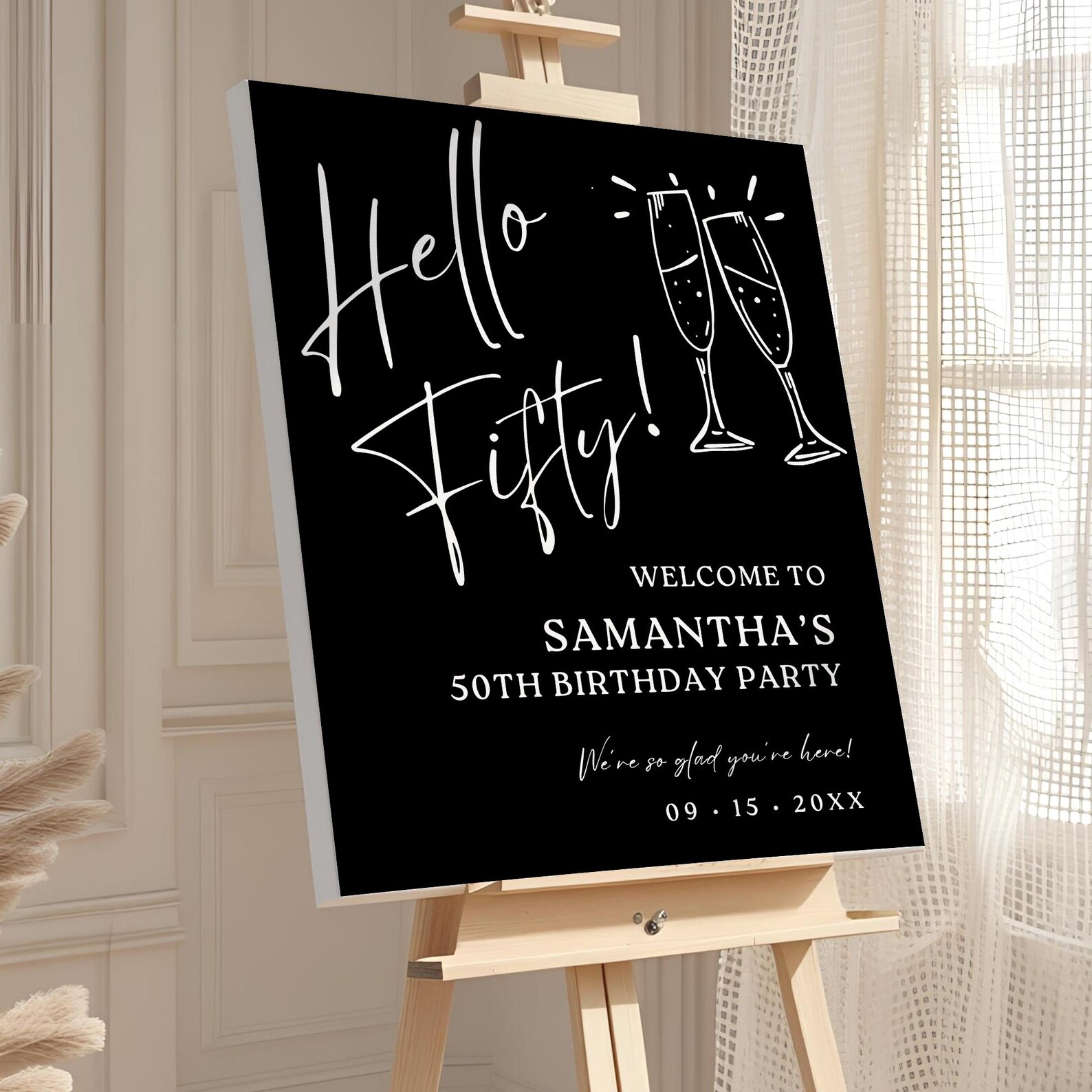 Black 50th Birthday Welcome Sign Template, Editable Hello Fifty Party ...