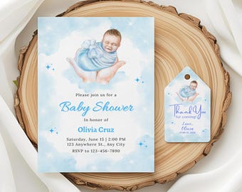 Blue Baby Shower Invitation Template for Boy, Editable Baby Shower Invite, Digital Watercolor Newborn Baby Shower, Printable Canva Invite