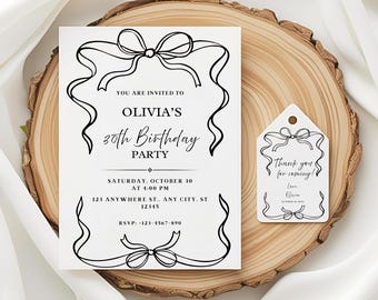 Elegant Black Bow Birthday Invitation Template, 30th Birthday Dinner Party Invite, Classy Black and White Birthday Invite Coquette Party