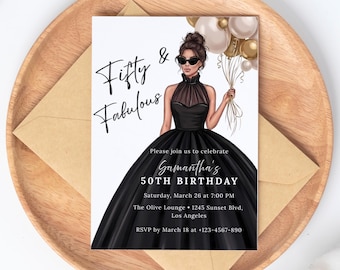 Plantilla de invitación de cumpleaños "Fifty & Fabulous", invitación editable para fiesta glamurosa de 30, 40 y 50 años, invitación de lujo con globos negros y dorados.