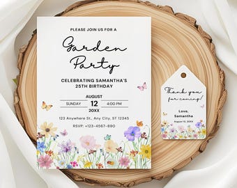Wildflower Garden Birthday Invitation, Editable Birthday Girl Invitation Floral Canva Template Garden Party Invite Any Age Digital Download