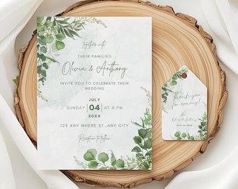 Elegant Greenery Wedding Invitation Template, Editable Botanical Wedding Invite Eucalyptus Wedding Invitation Printable Canva Template Suite