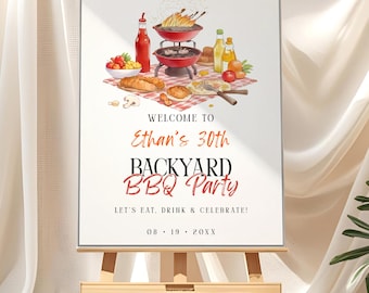 Mall för välkomstskylt för bakgårdsgrillfest, affisch för alla åldrar, skylt för grillfest, dekoration för vuxenfödelsedagsfest, redigerbar picknickdukskylt