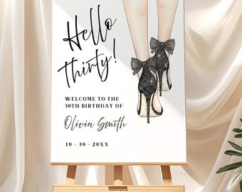 Hello Thirty Welcome Sign, Black Bow High Heel Birthday Sign, Editable Birthday Welcome Sign, Chic Birthday Decor, Any Age Welcome Poster