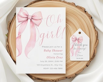 Pink Bow Baby Shower Invitation Template, Oh Girl Baby Girl Shower Canva, Pink Coquette Baby Shower Invite, Instant Download Editable Invite