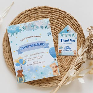 Convite de aniversário de urso, convite para festa de primeiro aniversário de urso, convite para menino de qualquer idade, balões de urso de pelúcia azul, modelo editável, tag de agradecimento grátis