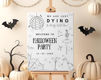Halloween-Willkommensschild-Vorlage, bearbeitbares handgezeichnetes Halloween-Partyschild, gruseliges Geburtstags-Willkommensposter, Canva-Partydeko, Kostümparty