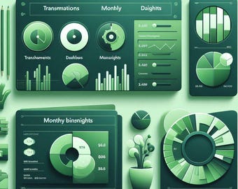 May include: A green and black dashboard with charts and graphs showing data about transactions, monthly performance, and insights. The dashboard includes pie charts, bar graphs, and line graphs. The text on the dashboard includes "Transmations", "Monhly", "Daighits", "Tranchomionts", "Doobbure", "Mamorights", "Monthy binsnights", "98.6", "574", "888", "386", "2.4.99", "DAOD", "1619".