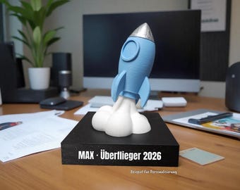 Personalisierte 3D Rakete mit Wunschtext, Award Trophäe mit Sockel