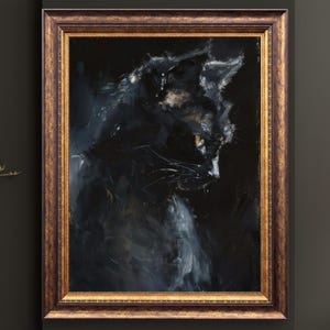 Gothic Black Cat Oil Painting: Moody Dark Academia Portrait (Digital Download)