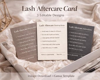 Lash Aftercare Card Template (3 Designs) | Editable Canva Instructions for Lash Extensions & Fills