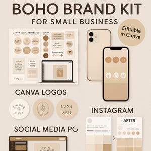 Boho Brand Kit for Small Business | Editable Canva Logo, Instagram Highlight Covers, Social Media Templates, Branding Bundle